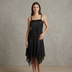 Vintage Jessica McClintock Black Satin 20s Flapper Sleeveless Dress Sz 12